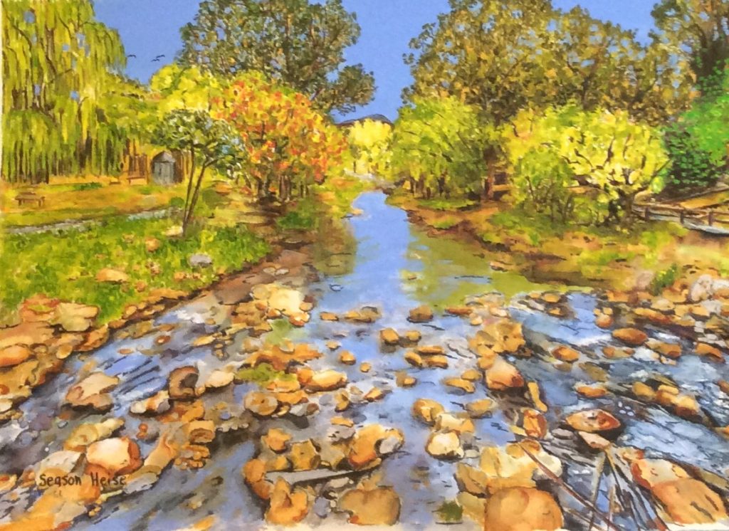 Painting by Season Heise depicting a river ford